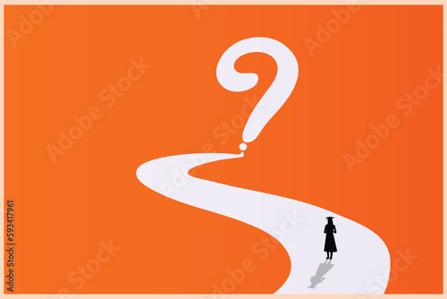 woman graduation, mystery path way road success career landscape background, question mark symbol 