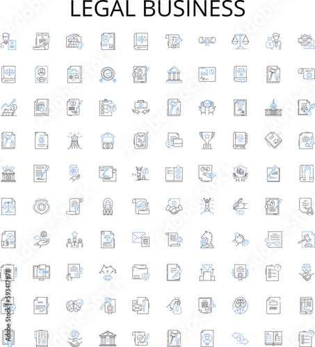 Legal business outline icons collection. Law, Business, Legal, Corporate, Contract, Litigation, Agreement vector illustration set. Compliance, Regulations, Statutes linear signs