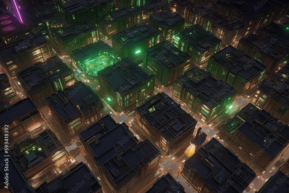 sprawling metropolis at night, viewed from above. Generative AI