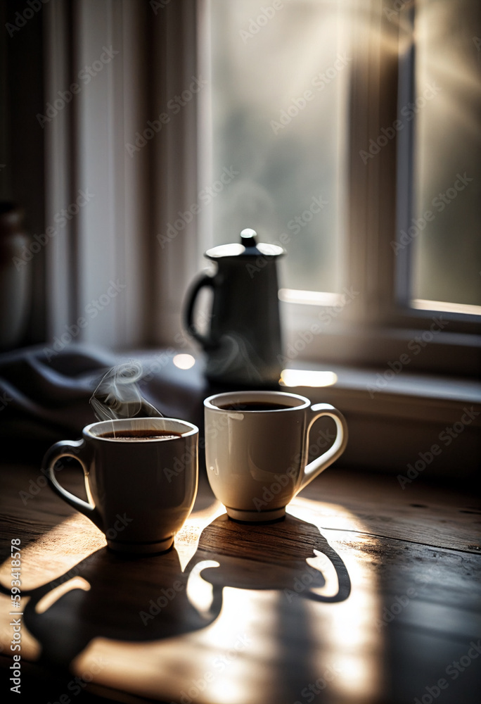Coffee cups on wooden table in room with morning light from a window. Generative AI