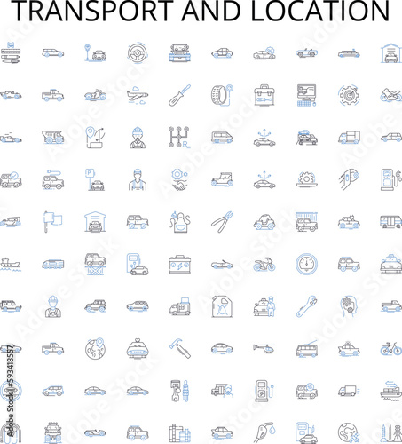 Transport and location outline icons collection. Transport, Location, Voyage, Journey, Shipping, Move, Express vector illustration set. Trip, Haul, Relocate linear signs