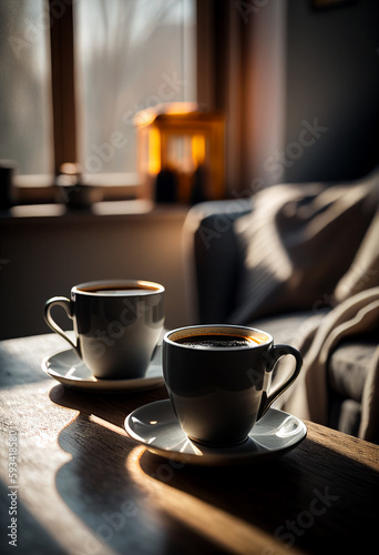 Coffee cups on wooden table in room with morning light from a window. Generative AI