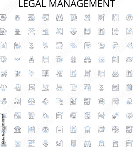 Legal management outline icons collection. Law, Management, Litigation, Compliance, Risk, Dispute, Regulations vector illustration set. Solicitors, Hearings, Contracts linear signs