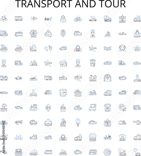 Transport and tour outline icons collection. Transport, Tour, Travel, Bus, Taxi, Car, Rail vector illustration set. Flight,Airline,Cruise linear signs