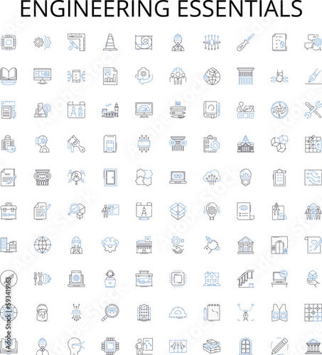 Engineering essentials outline icons collection. Engineering, Essentials, Design, Manufacturing, Engineering-Sciences, Structural, Automation vector illustration set. Components, Systems, Integration