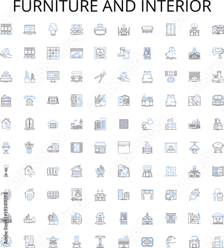 Furniture and interior outline icons collection. Furniture, Interior, Decor, Sofa, Table, Chair, Design vector illustration set. Couch, Dining, Bed linear signs