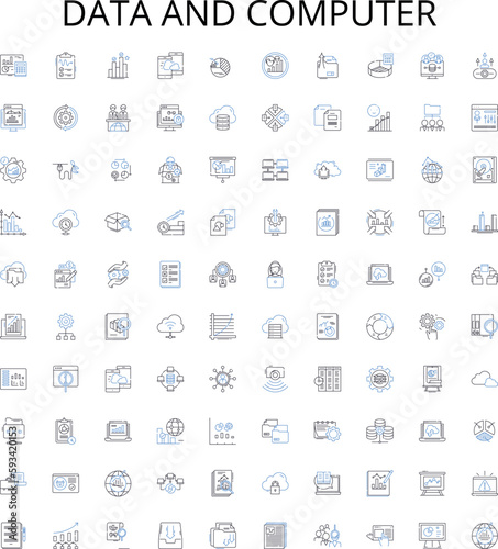 Data and computer outline icons collection. Data, Computer, Analysis, Science, Networking, Technology, Storage vector illustration set. Processing, Programming, Security linear signs