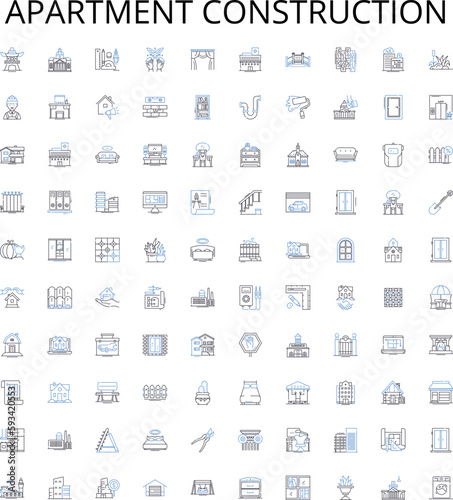 Apartment construction outline icons collection. Building, Apartment, Constructing, Engineering, Architecture, Designing, Contractors vector illustration set. Steel, Concrete, Masonry linear signs
