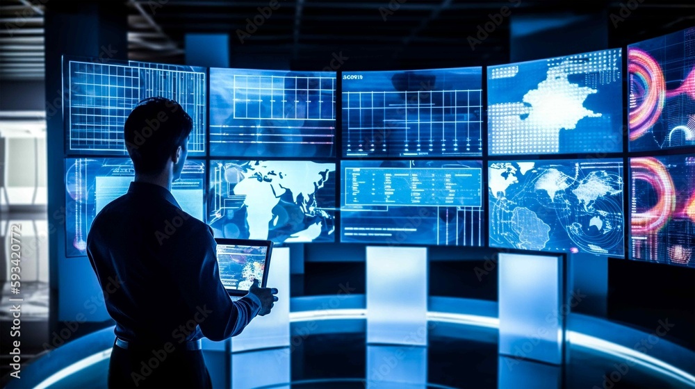 Prompts engineer input data to train ai artificial intelligence. laptop and multiple screens with an electronic screen showing AI business. Prompts engineer input data to train ai artificial intelligence. laptop and multiple screens with an electronic screen showing AI business.