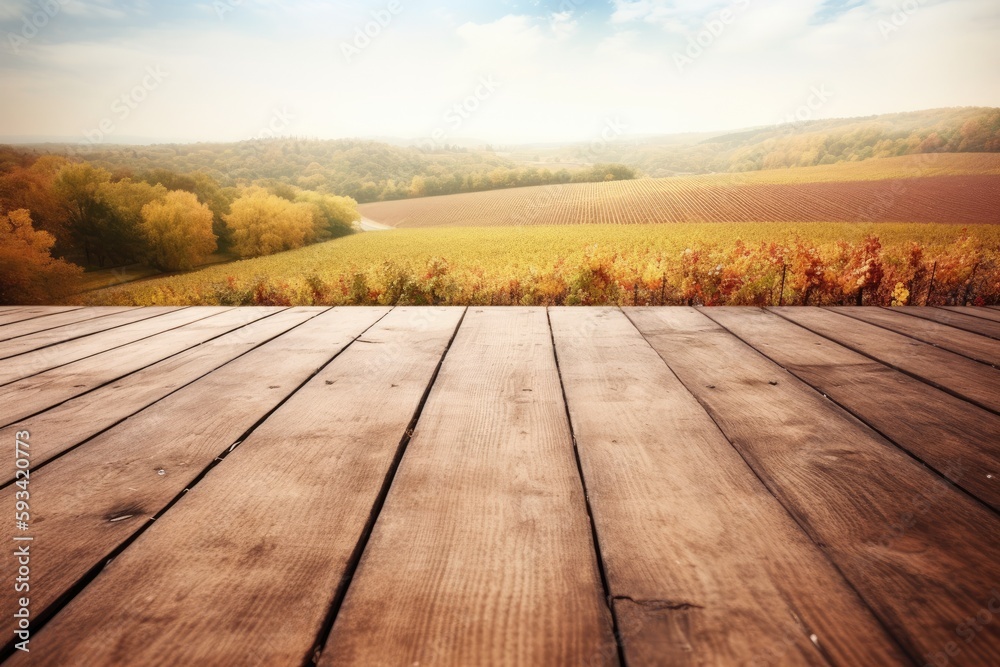 serene wooden deck with a breathtaking view of a vast field. Generative AI