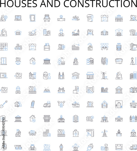 Houses and construction outline icons collection. Housing, Construction, Building, Dwelling, Architectural, Home, Real-Estate vector illustration set. Residential, Estate, Developer linear signs