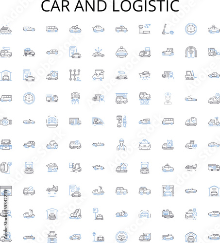 Car and logistic outline icons collection. Car, Logistic, Vehicle, Delivery, Transport, Shipment, Fleet vector illustration set. Automobile, Logistics, Relocation linear signs