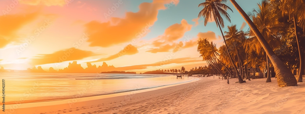 Island palm tree sea sand beach. Panoramic beach landscape. Orange and golden sunset sky calmness tranquil relaxing summer mood. Vacation travel holiday banner. 