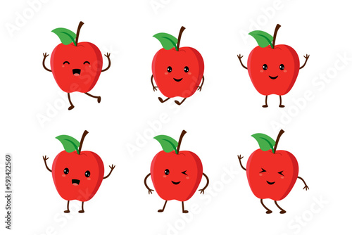 Fototapeta Naklejka Na Ścianę i Meble -  Apple cute fruit kawaii vector character colection