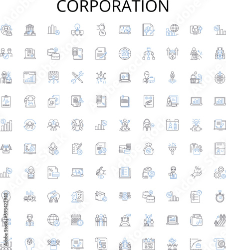 Corporation outline icons collection. Company, Entity, Business, Conglomerate, Organization, Group, Multinational vector illustration set. Conglomeration, Firm, Joint-Stock linear signs