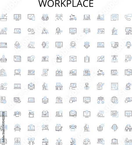 Workplace outline icons collection. Job, Office, Building, Desk, Employee, Team, Environment vector illustration set. Supervisor, Floor, Meeting linear signs