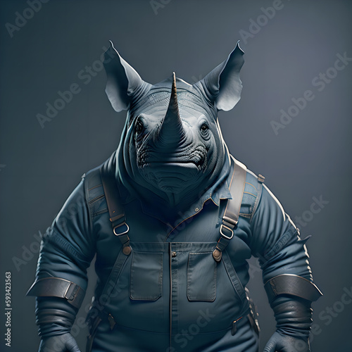A powerful rhino character wearing overalls, Generative Al technology