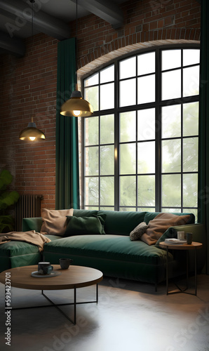 Add a pop of color to your living room with a green color couch that creates a stunning contrast against a warm brown-themed decor