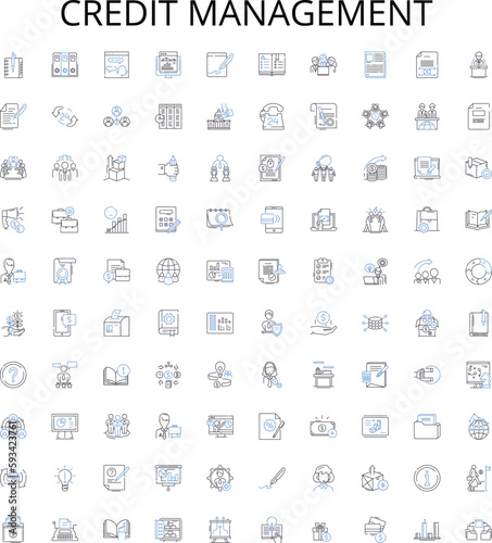 Credit management outline icons collection. Credit, Management, Accounts, Loans, Debts, Financials, Reconcile vector illustration set. Risk, Evaluation, Monitoring linear signs