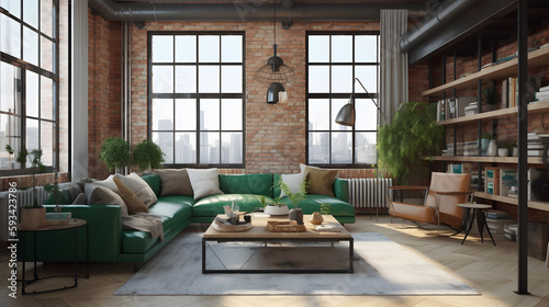 Create a cozy and stylish living room with a unique twist  a brown-themed decor with a bold green color couch