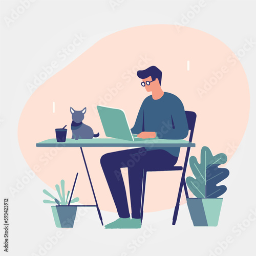 man working on computer, vector illustration