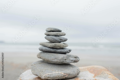 stack of stones on the beach for relaxation, and meditation 