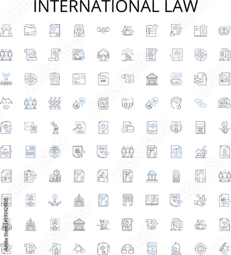 International law outline icons collection. International, law, treaties, sovereignty, nationality, jurisdiction, boundaries vector illustration set. trade, maritime, arbitration linear signs