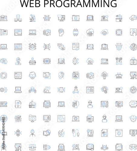 Web programming outline icons collection. Web, programming, HTML, CSS, JavaScript, AJAX, XML vector illustration set. PHP, MySQL, JQuery linear signs
