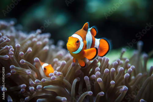 Fotografia, Obraz clown fishes on an anemone underwater reef in the tropical ocean, generative AI
