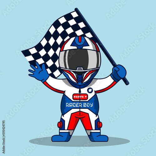  Cute racer holding a racing flag vector illustration.