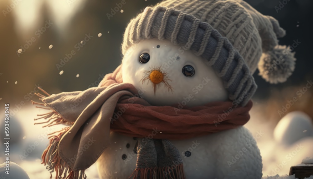 Obraz premium Little snowman in a cap and a scarf on snow in the winter,Generative AI
