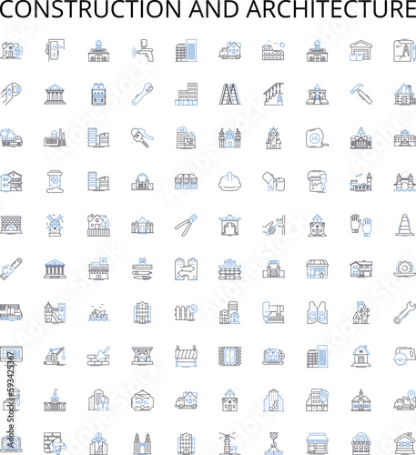 Construction and architecture outline icons collection. Building, Construction, Architecture, Design, Structures, Engineering, Manufacture vector illustration set. Renovation, Supplies, Drafting