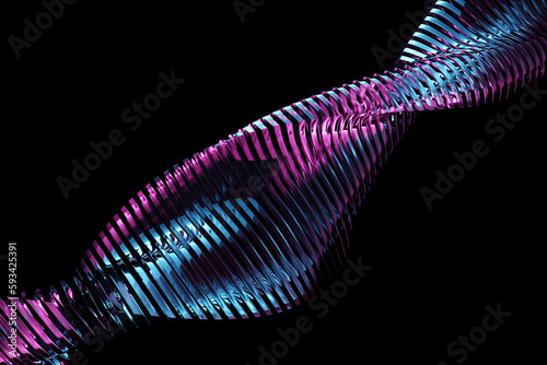 3d illustration of a stereo strip of different colors. Geometric stripes similar to waves. Simplified pink and blue  dna line on  black isolated background