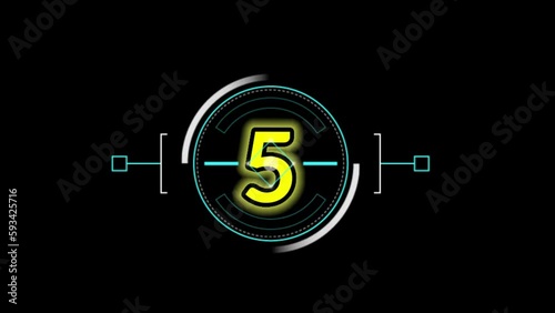 10 second holographic 3D countdown timer animation for intro. cool 5 color combination 2 3d variations, yellow robot hologram, yellow number countdown, 4k quality video for intro