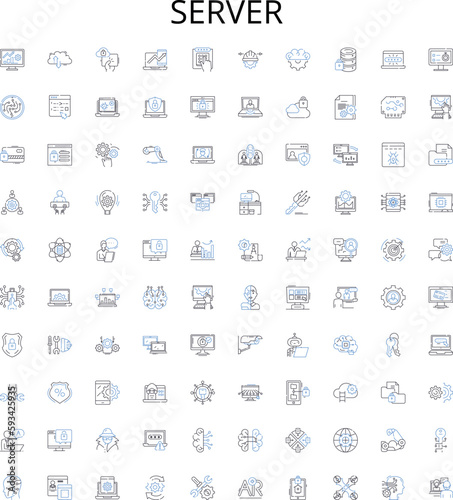 Server outline icons collection. Server, Hosting, Servers, Web-Server, Database, DNS, Virtual vector illustration set. Rack, Cloud, Linux linear signs