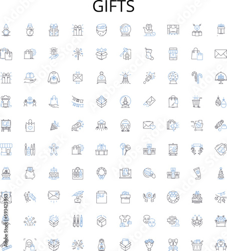 Gifts outline icons collection. Present, Birthday, Souvenir, Keepsake, Offering, Token, Surprise vector illustration set. Trinket, Goody, Glittery linear signs