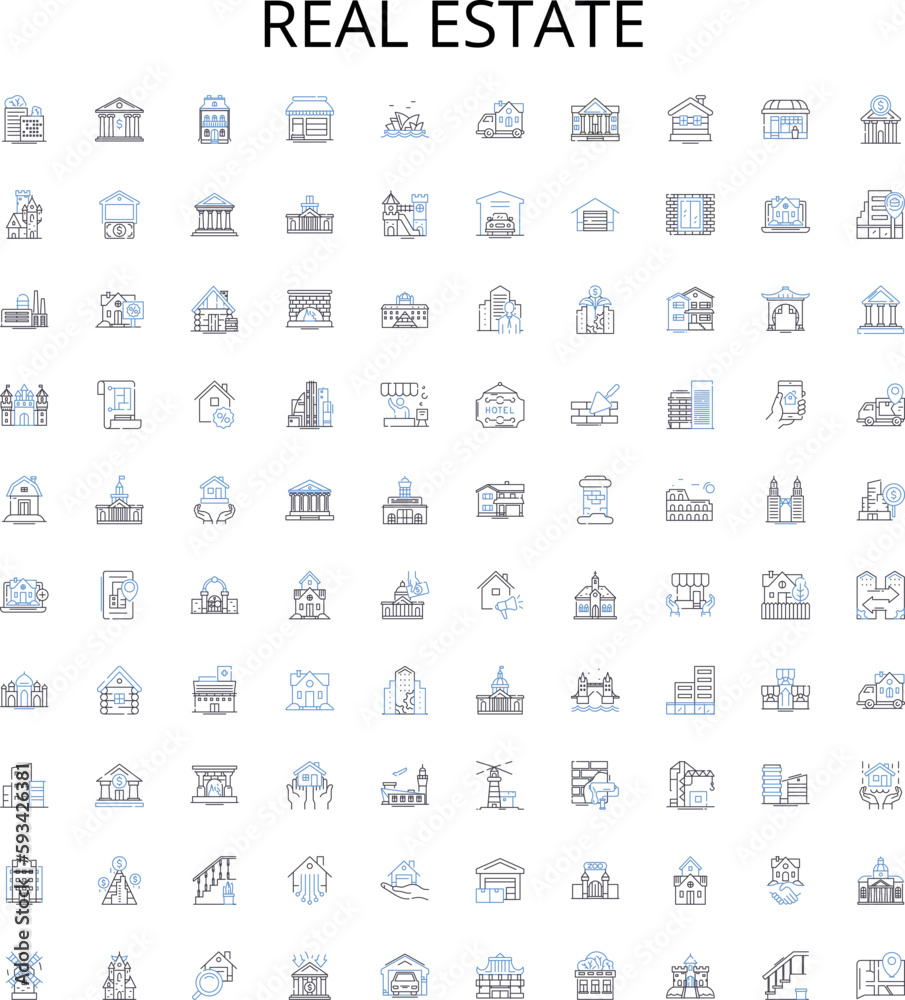 Real estate outline icons collection. Realty, Property, Broker, Studio, Condo, Mansion, Investment vector illustration set. Lease, Residence, Home linear signs
