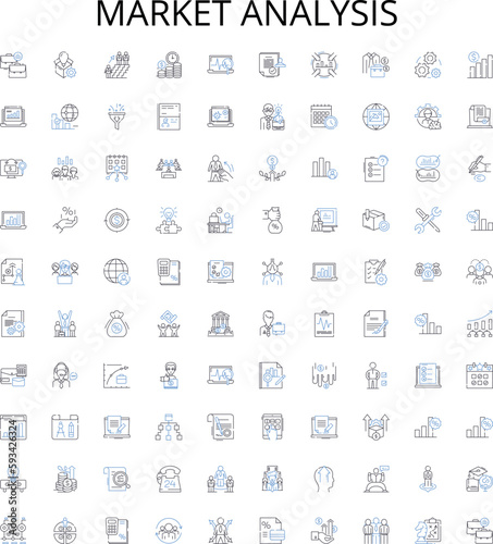 Market analysis outline icons collection. Market, Analysis, Research, Study, Trends, Strategy, Data vector illustration set. Competition, Products, Segmentation linear signs