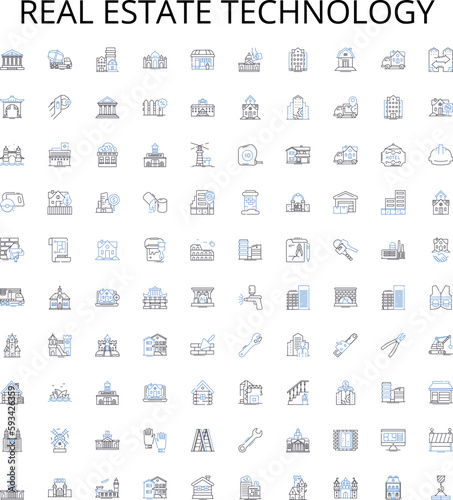 Real Estate Technology outline icons collection. Realty, Technological, Proptech, Innovation, Automation, AI, Analytics vector illustration set. Digital, Platforms, Net linear signs