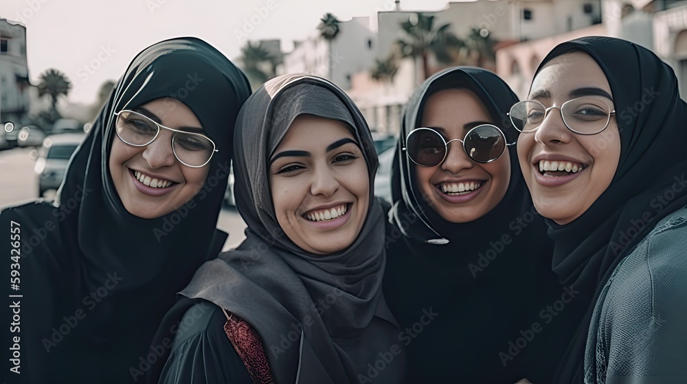 Laughing young Arab women wearing a hijab. Generative AI Laughing young Arab women wearing a hijab. Generative AI