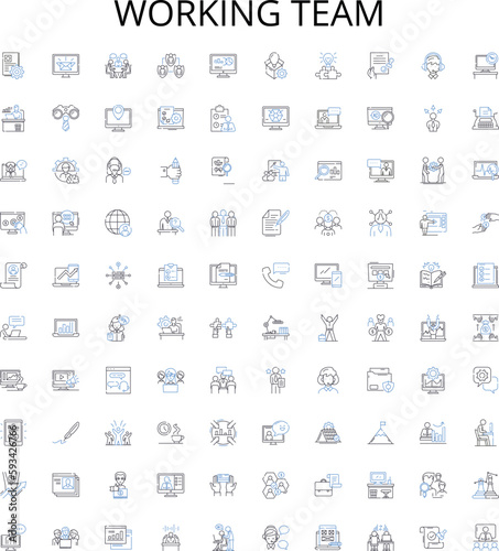 Working team outline icons collection. Collaborative, Unit, Cooperative, Productive, Efficient, Effective, Unified vector illustration set. Group, Members, Professional linear signs