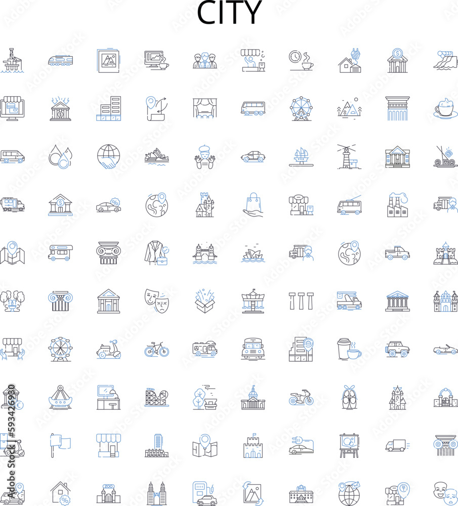 City outline icons collection. Town, Metropolis, Urban, Municipality, Settlement, Population, Isolated vector illustration set. Community, Area, Abode linear signs