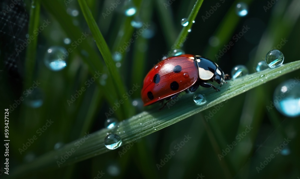 Obraz premium a ladybug sitting on a blade of grass covered in water droplets. generative ai