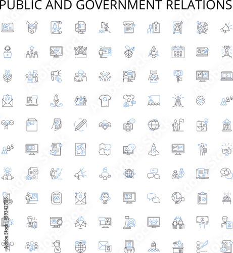 Public and government relations outline icons collection. Public, Government, Relations, & Political, Affairs, Engagement, Advocacy vector illustration set. Publicity, Reputation, Communication linear
