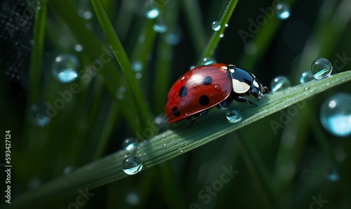  a ladybug sitting on a blade of grass covered in water droplets. generative ai