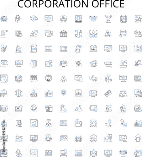 Corporation office outline icons collection. Corporate, Office, Building, Headquarters, Complex, Suite, Headquarters vector illustration set. Facility, Workplace, Centre linear signs