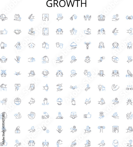 Growth outline icons collection. Expansion, Advancement, Increase, Amplify, Augment, Progress, Upward vector illustration set. Elevate, Boost, Skyrocket linear signs
