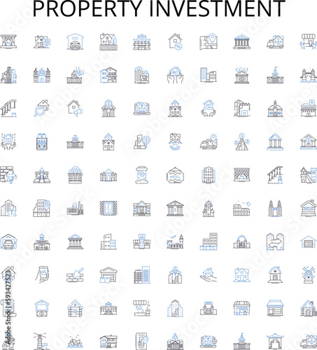 Property investment outline icons collection. investment, property, realestate, rentals, yielding, revenue, capital vector illustration set. return, leasing, mortgaging linear signs