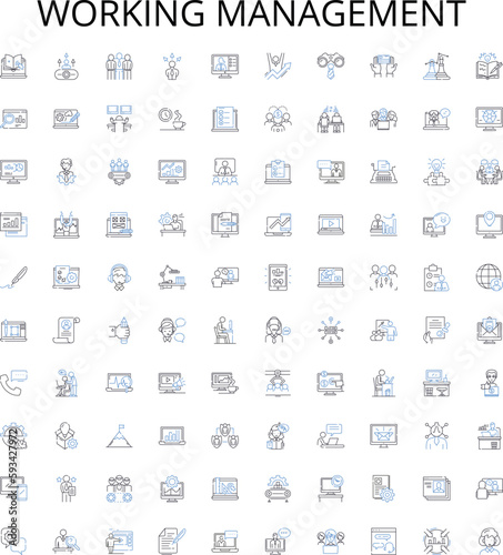 Working management outline icons collection. Workforce, Management, Organizing, Supervising, Directing, Planning, Coordinating vector illustration set. Scheduling, Strategizing, Prioritizing linear