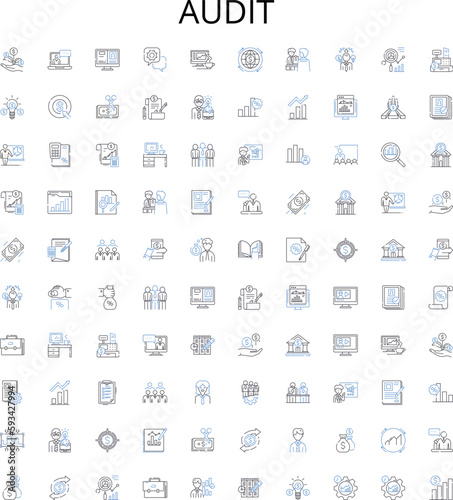 Audit outline icons collection. Auditing, Assessments, Testing, Examination, Evaluation, Analysis, Reviews vector illustration set. Investigations, Compliance, Inspections linear signs